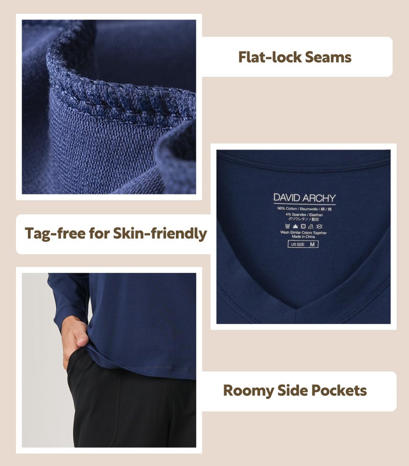 DAVID ARCHY Men's Pajamas Set Soft Cotton Long Sleeve Sleepwear Comfy Loungewear Pjs with Pockets (M, Navy Blue) - Image 4